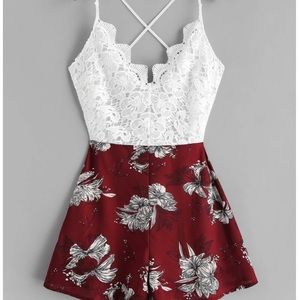 Lace Panel Criss Cross Floral Cami Romper - Red